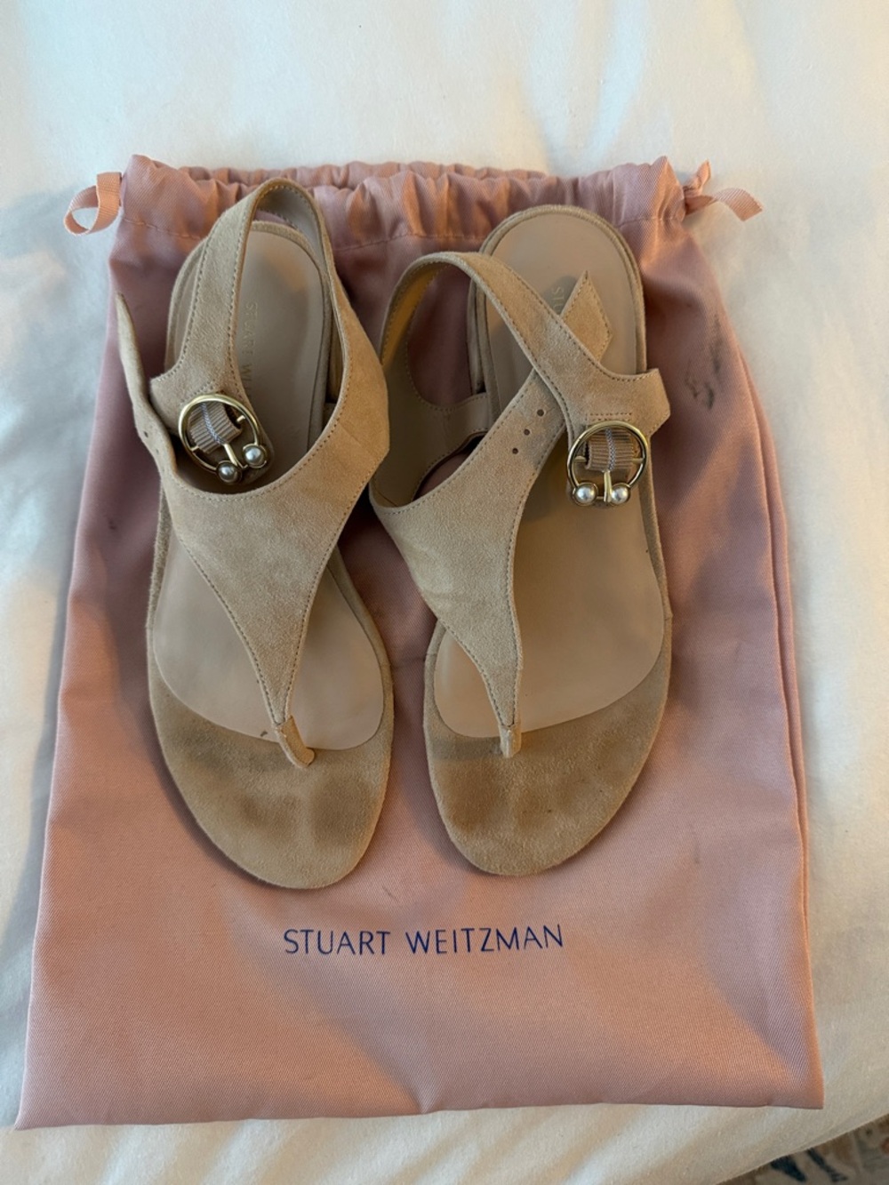 Stuart Weitzman Beige Suede Thong Slingback Sandals with Gold Buckle